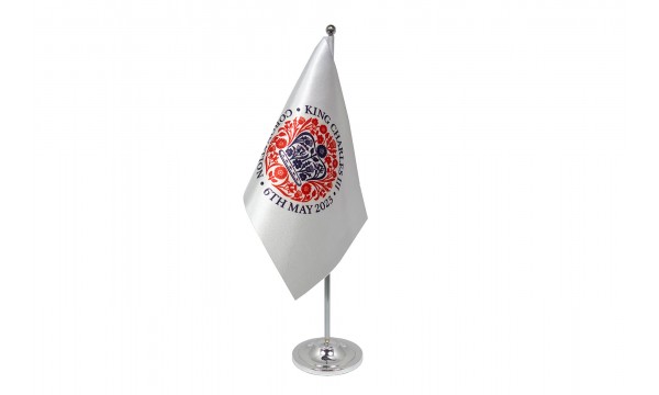 King Charles III Coronation Logo (White Background) Satin Table Flag